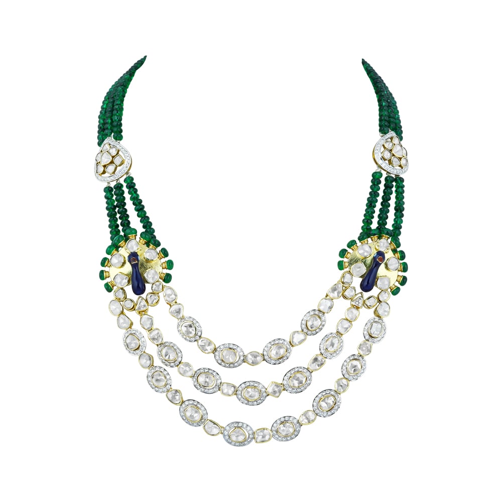 Three-Strand Polki Necklace with Emeralds and Enamel Peacock